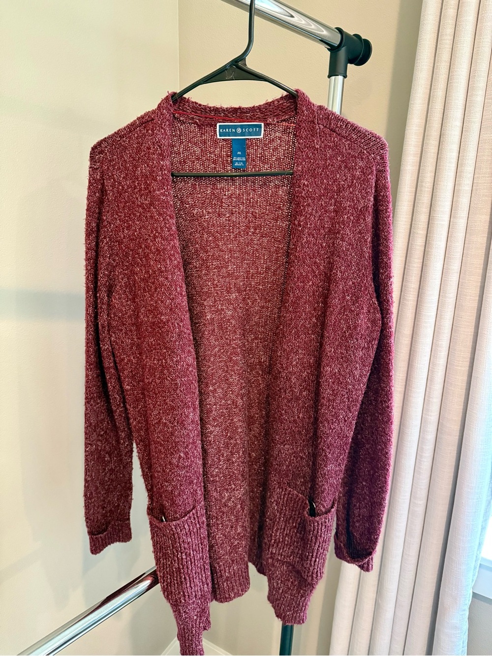 Karen Scott Marled Wine Open-Front Cardigan